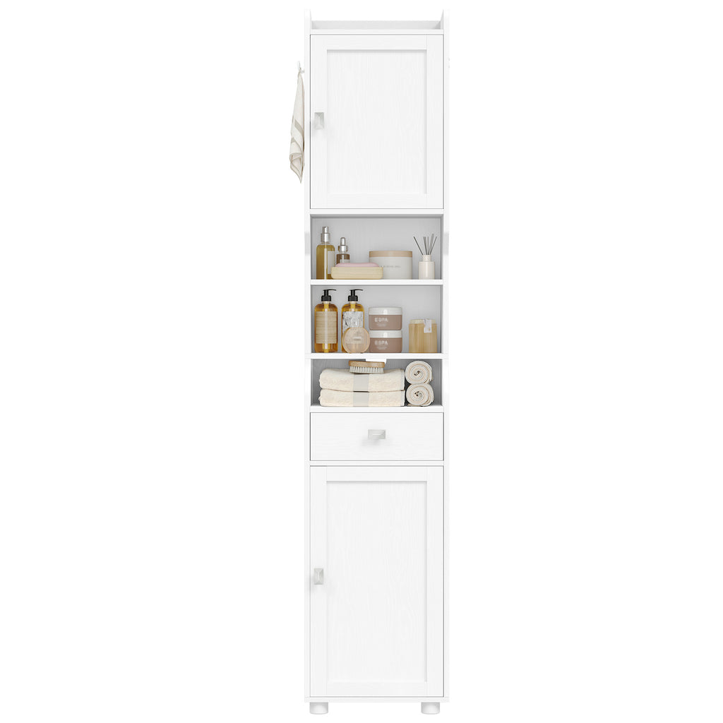 HEXCELEN Bathroom Cabinet, Bathroom Cabinet, Narrow High, Tall Bathroom Cabinet with 2 Doors and 1 Drawer, Adjustable Shelves, Open Compartment, Space-Saving Bathroom Shelf, 28 x 38 x 180 cm, White, 5240013X