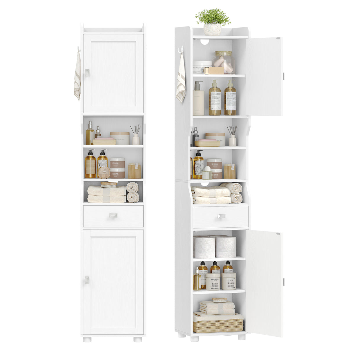 HEXCELEN Bathroom Cabinet, Bathroom Cabinet, Narrow High, Tall Bathroom Cabinet with 2 Doors and 1 Drawer, Adjustable Shelves, Open Compartment, Space-Saving Bathroom Shelf, 28 x 38 x 180 cm, White, 5240013X