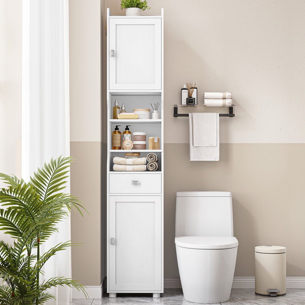HEXCELEN Bathroom Cabinet, Bathroom Cabinet, Narrow High, Tall Bathroom Cabinet with 2 Doors and 1 Drawer, Adjustable Shelves, Open Compartment, Space-Saving Bathroom Shelf, 28 x 38 x 180 cm, White, 5240013X