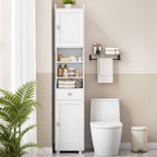 HEXCELEN Bathroom Cabinet, Bathroom Cabinet, Narrow High, Tall Bathroom Cabinet with 2 Doors and 1 Drawer, Adjustable Shelves, Open Compartment, Space-Saving Bathroom Shelf, 28 x 38 x 180 cm, White, 5240013X