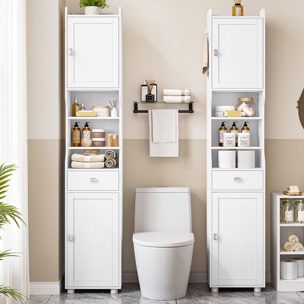 HEXCELEN Bathroom Cabinet, Bathroom Cabinet, Narrow High, Tall Bathroom Cabinet with 2 Doors and 1 Drawer, Adjustable Shelves, Open Compartment, Space-Saving Bathroom Shelf, 28 x 38 x 180 cm, White, 5240013X