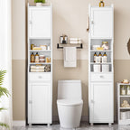 HEXCELEN Bathroom Cabinet, Bathroom Cabinet, Narrow High, Tall Bathroom Cabinet with 2 Doors and 1 Drawer, Adjustable Shelves, Open Compartment, Space-Saving Bathroom Shelf, 28 x 38 x 180 cm, White, 5240013X