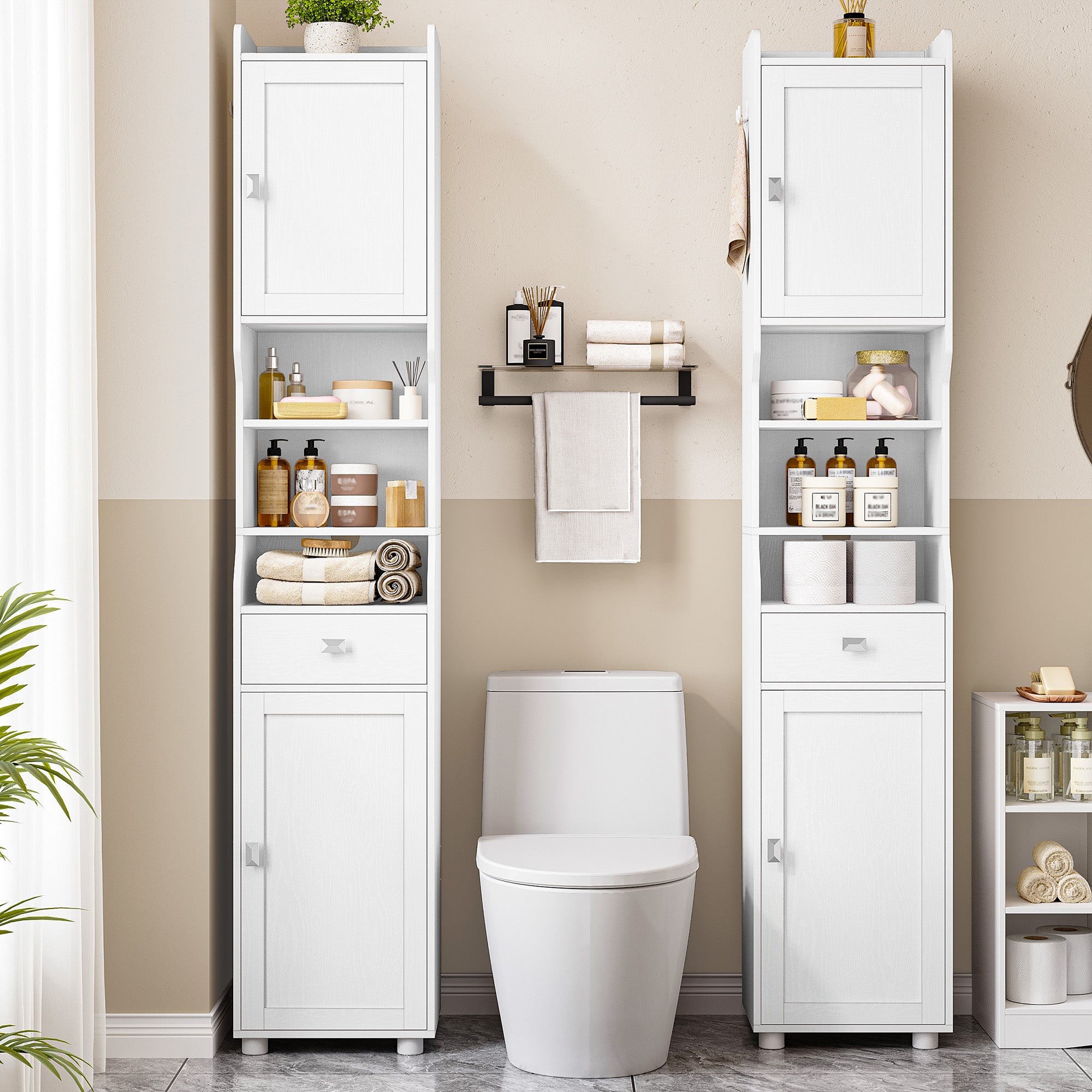 HEXCELEN Bathroom Cabinet, Bathroom Cabinet, Narrow High, Tall Bathroom Cabinet with 2 Doors and 1 Drawer, Adjustable Shelves, Open Compartment, Space-Saving Bathroom Shelf, 28 x 38 x 180 cm, White, 5240013X