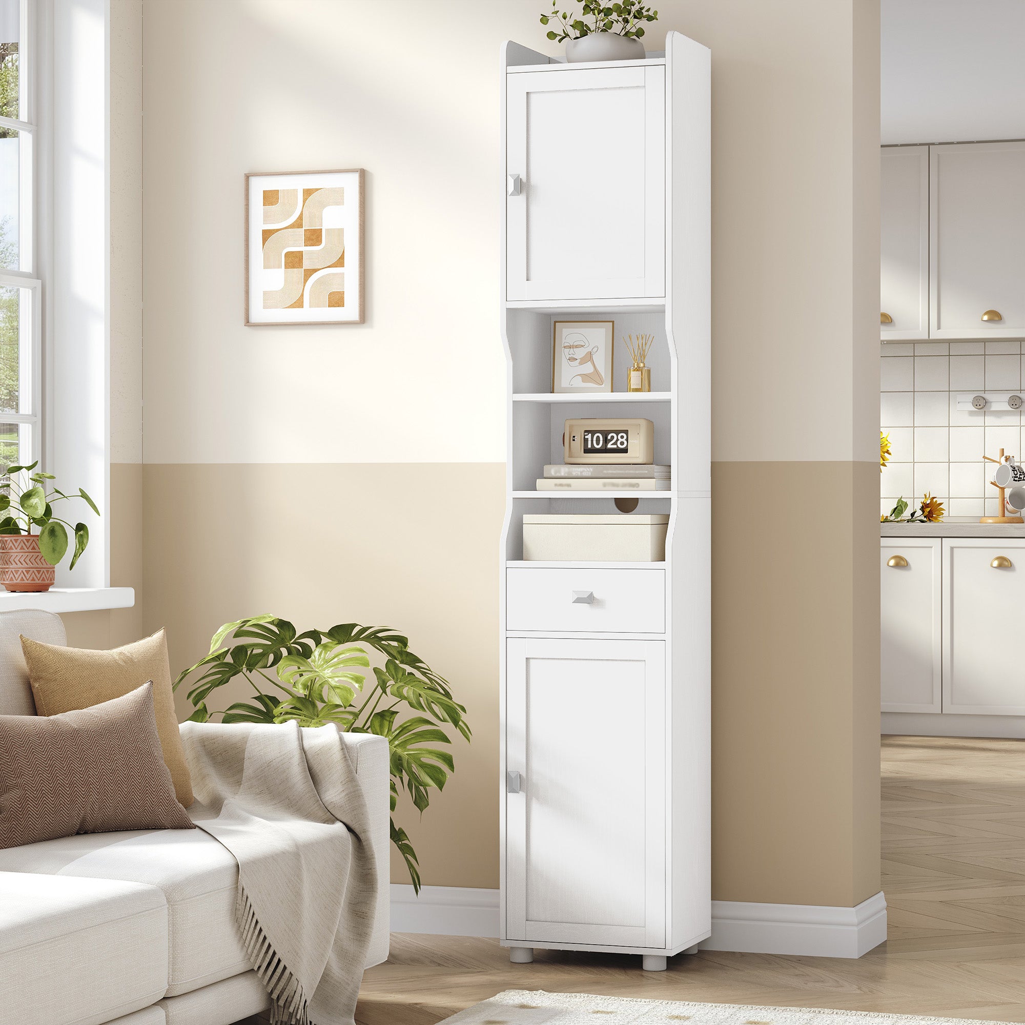 HEXCELEN Bathroom Cabinet, Bathroom Cabinet, Narrow High, Tall Bathroom Cabinet with 2 Doors and 1 Drawer, Adjustable Shelves, Open Compartment, Space-Saving Bathroom Shelf, 28 x 38 x 180 cm, White, 5240013X