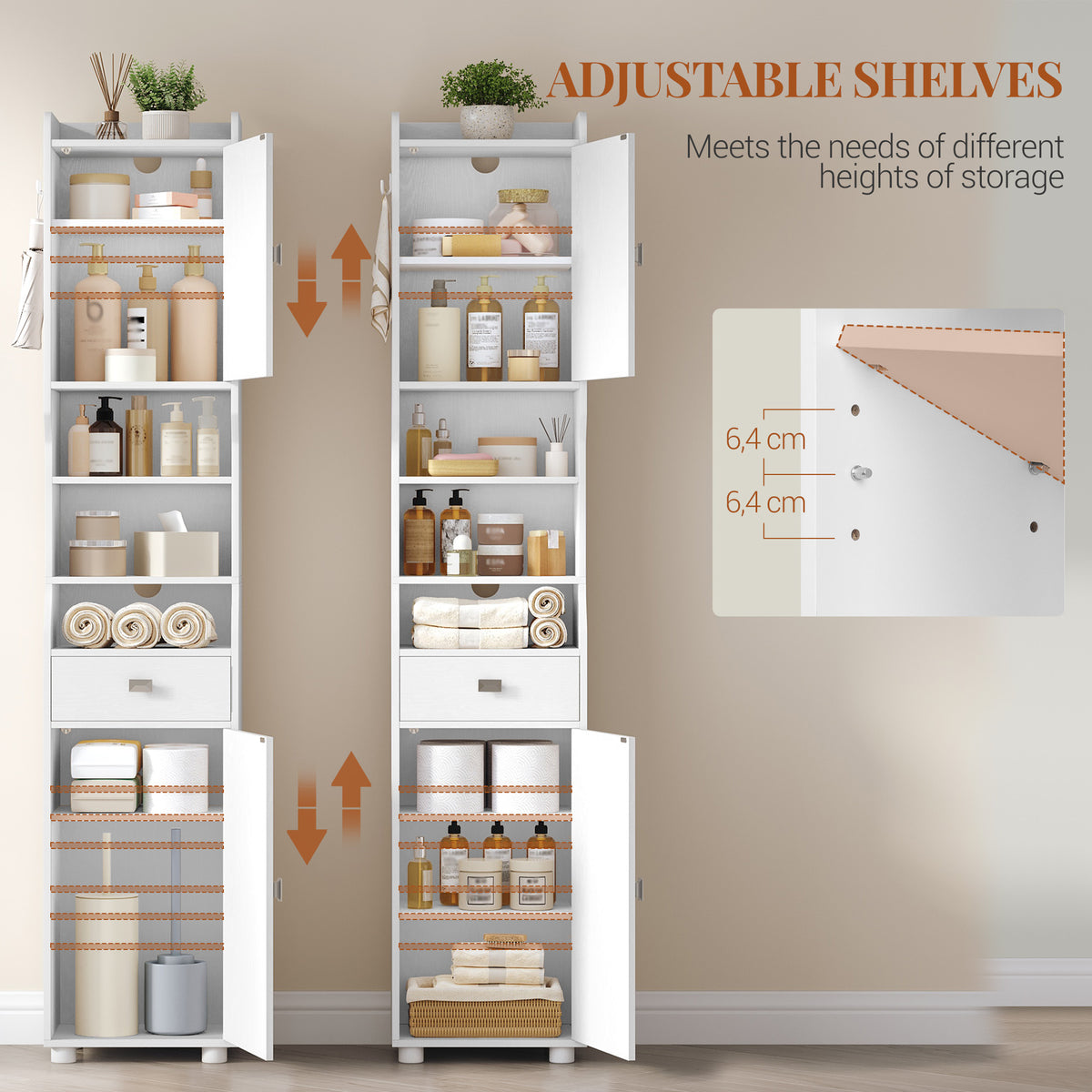 HEXCELEN Bathroom Cabinet, Bathroom Cabinet, Narrow High, Tall Bathroom Cabinet with 2 Doors and 1 Drawer, Adjustable Shelves, Open Compartment, Space-Saving Bathroom Shelf, 28 x 38 x 180 cm, White, 5240013X