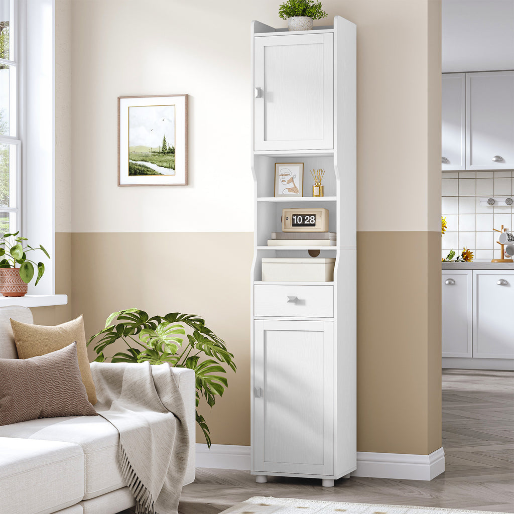 HEXCELEN Bathroom Cabinet, Bathroom Cabinet, Narrow High, Tall Bathroom Cabinet with 2 Doors and 1 Drawer, Adjustable Shelves, Open Compartment, Space-Saving Bathroom Shelf, 28 x 38 x 180 cm, White, 5240013X