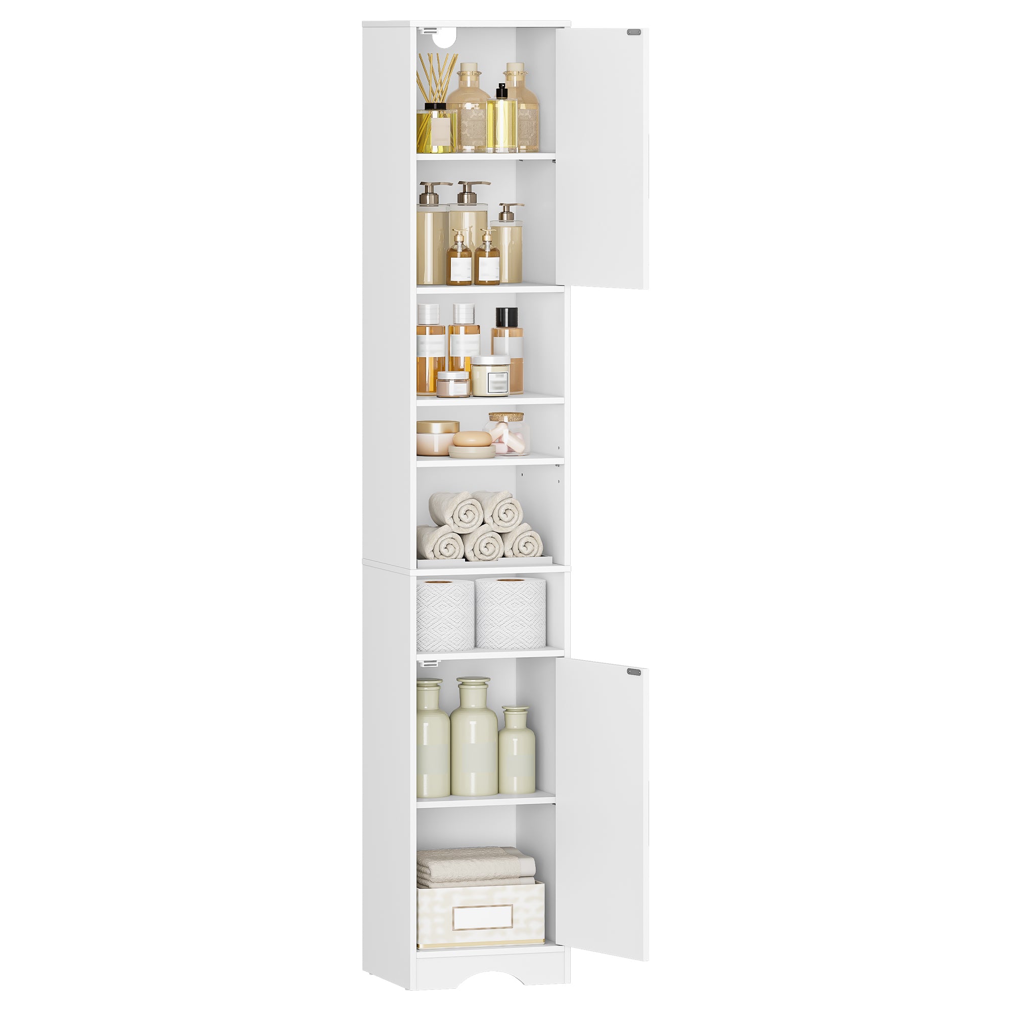 HEXCELEN Bathroom Cabinet, Bathroom Cabinet, Narrow High, Tall Bathroom Cabinet with Open Compartment and Door, Adjustable Shelves, Space-Saving Bathroom Shelf, Bathroom Furniture, Modern, 30 x 30 x 180 cm, White, 530103X
