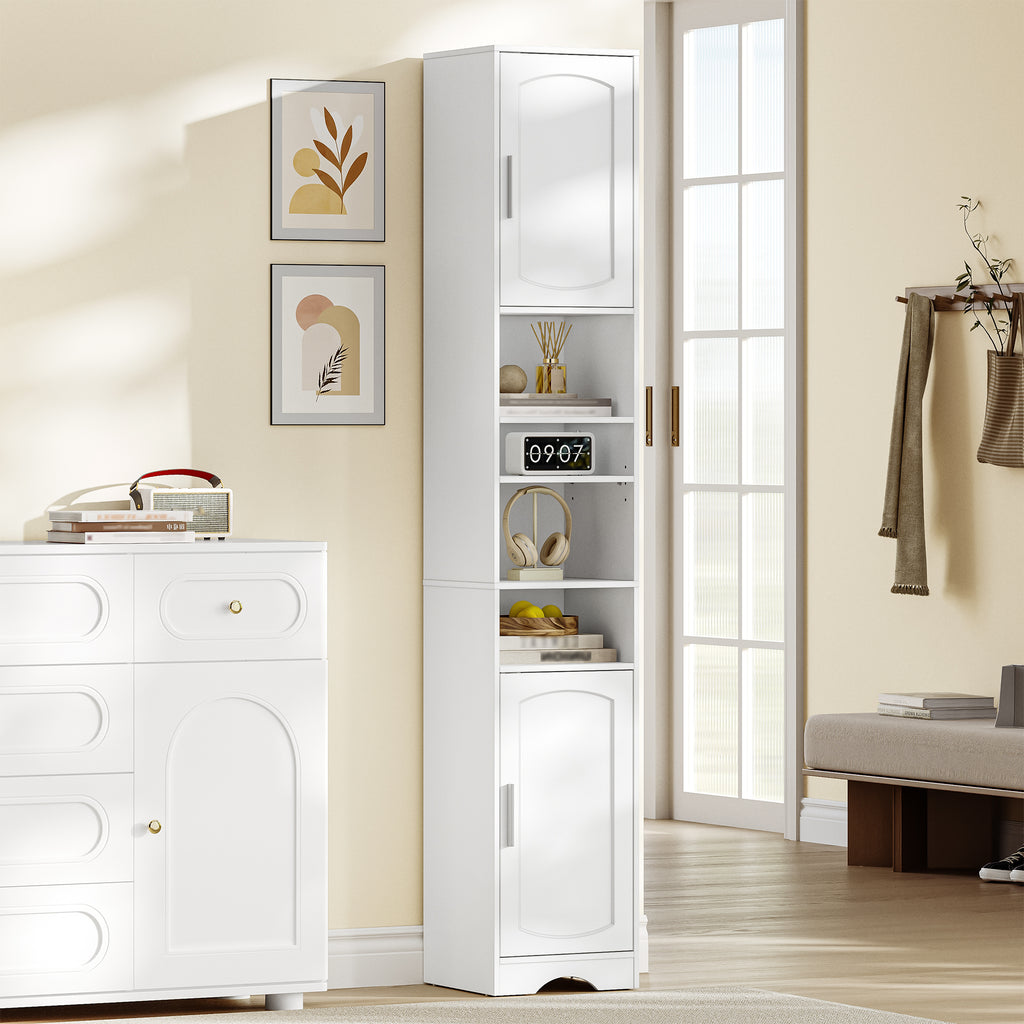 HEXCELEN Bathroom Cabinet, Bathroom Cabinet, Narrow High, Tall Bathroom Cabinet with Open Compartment and Door, Adjustable Shelves, Space-Saving Bathroom Shelf, Bathroom Furniture, Modern, 30 x 30 x 180 cm, White, 530103X