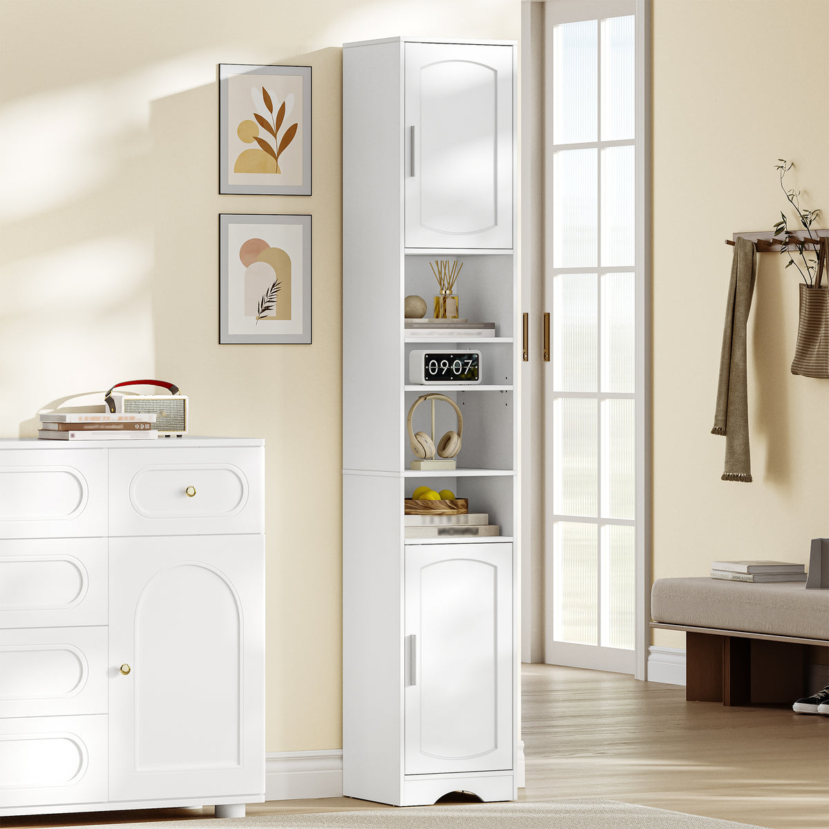HEXCELEN Bathroom Cabinet, Bathroom Cabinet, Narrow High, Tall Bathroom Cabinet with Open Compartment and Door, Adjustable Shelves, Space-Saving Bathroom Shelf, Bathroom Furniture, Modern, 30 x 30 x 180 cm, White, 530103X