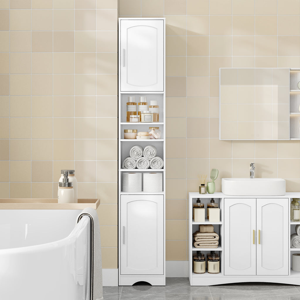 HEXCELEN Bathroom Cabinet, Bathroom Cabinet, Narrow High, Tall Bathroom Cabinet with Open Compartment and Door, Adjustable Shelves, Space-Saving Bathroom Shelf, Bathroom Furniture, Modern, 30 x 30 x 180 cm, White, 530103X