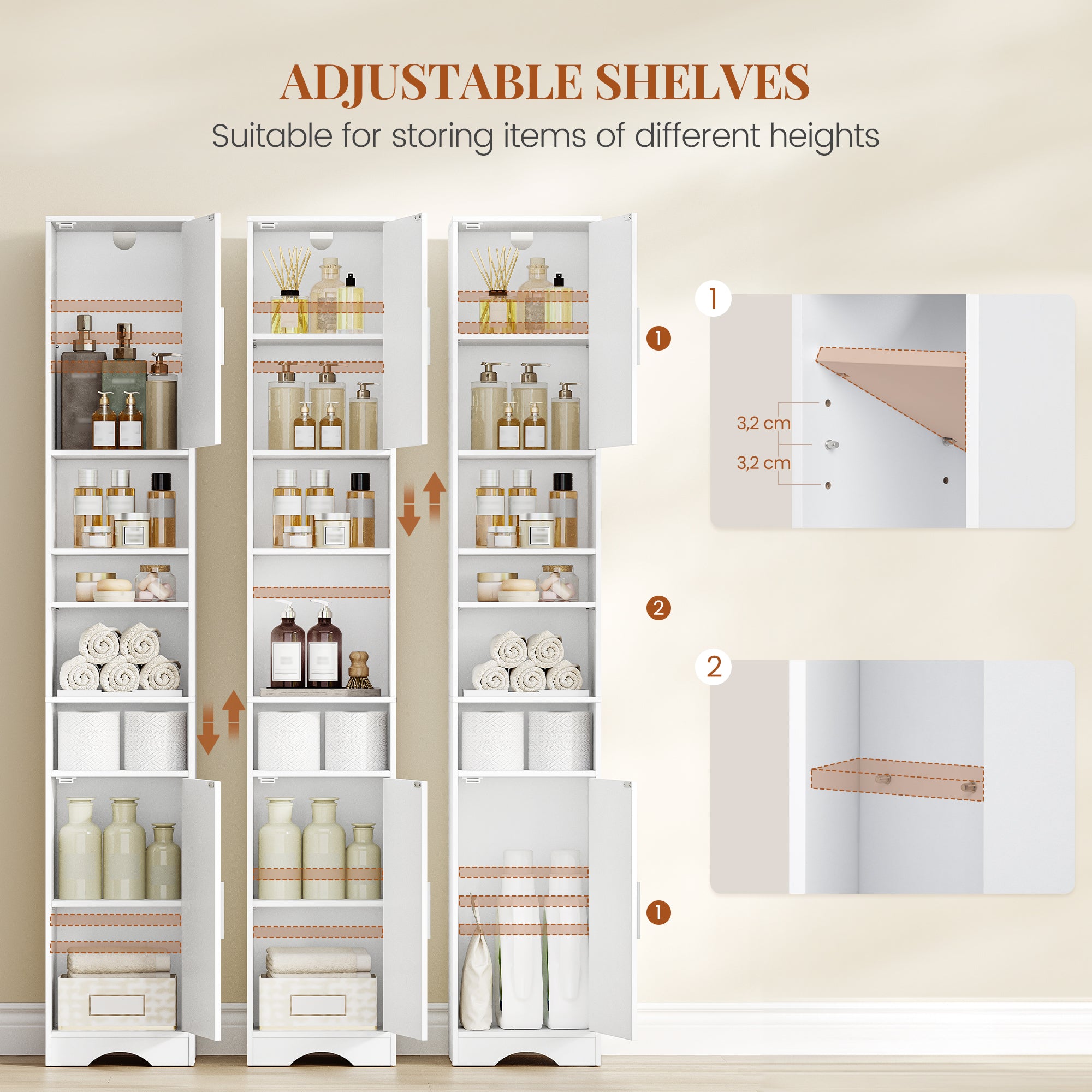 HEXCELEN Bathroom Cabinet, Bathroom Cabinet, Narrow High, Tall Bathroom Cabinet with Open Compartment and Door, Adjustable Shelves, Space-Saving Bathroom Shelf, Bathroom Furniture, Modern, 30 x 30 x 180 cm, White, 530103X