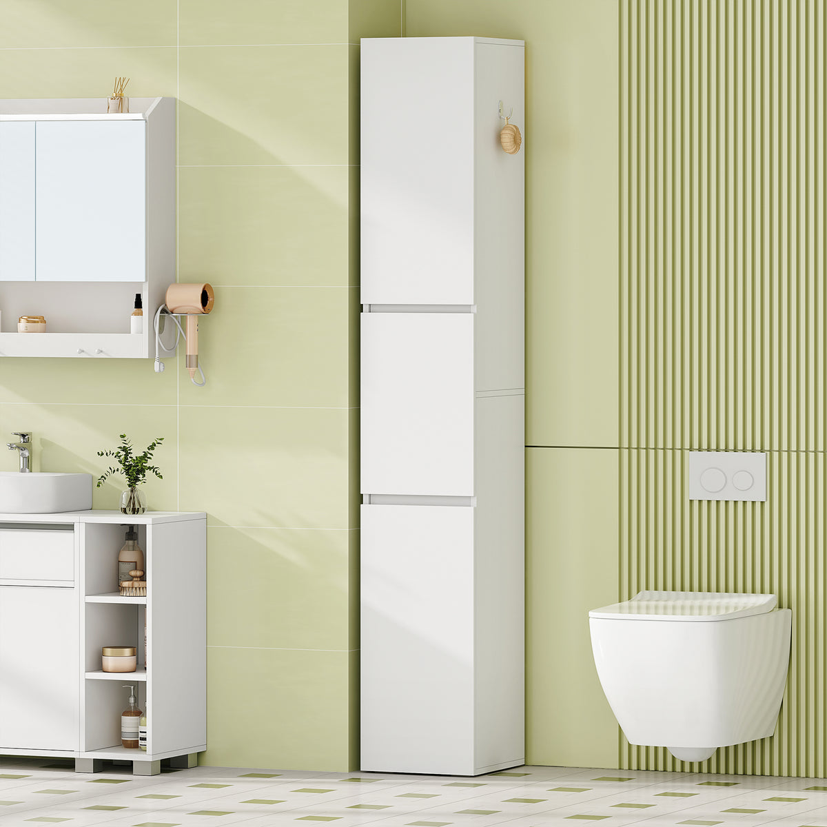 HEXCELEN Bathroom Cabinet, 180 cm Tall Slim Bathroom Cabinet, Bathroom Furniture, Storage Cabinet with Adjustable Shelf, 3 Cabinet Doors, Non-Slip Feet, for Small Spaces, White, 530203X