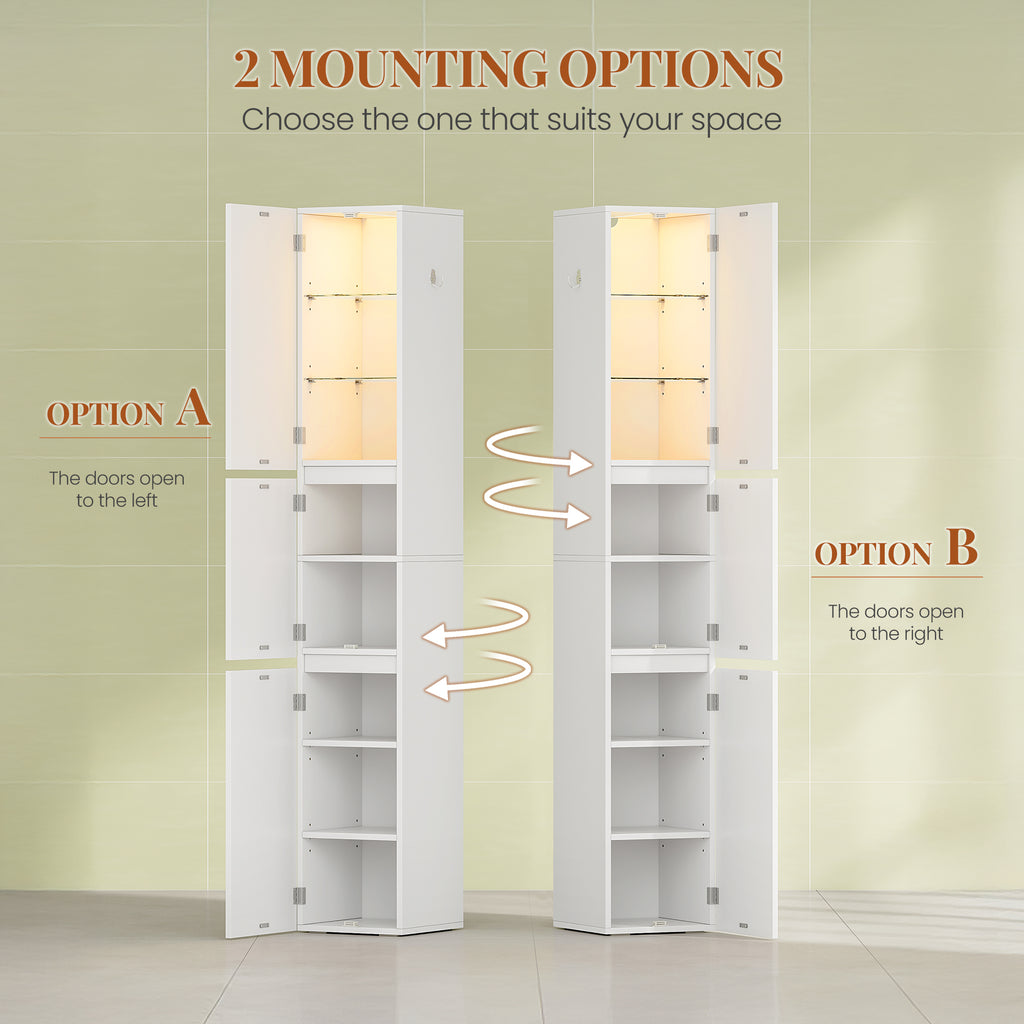HEXCELEN Bathroom Cabinet, 180 cm Tall Slim Bathroom Cabinet, Bathroom Furniture, Storage Cabinet with Adjustable Shelf, 3 Cabinet Doors, Non-Slip Feet, for Small Spaces, White, 530203X