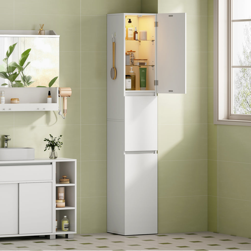 HEXCELEN Bathroom Cabinet, 180 cm Tall Slim Bathroom Cabinet, Bathroom Furniture, Storage Cabinet with Adjustable Shelf, 3 Cabinet Doors, Non-Slip Feet, for Small Spaces, White, 530203X