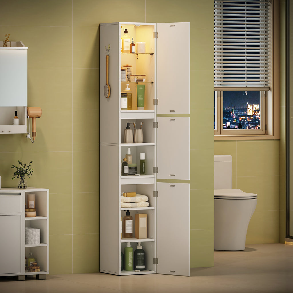 HEXCELEN Bathroom Cabinet, 180 cm Tall Slim Bathroom Cabinet, Bathroom Furniture, Storage Cabinet with Adjustable Shelf, 3 Cabinet Doors, Non-Slip Feet, for Small Spaces, White, 530203X