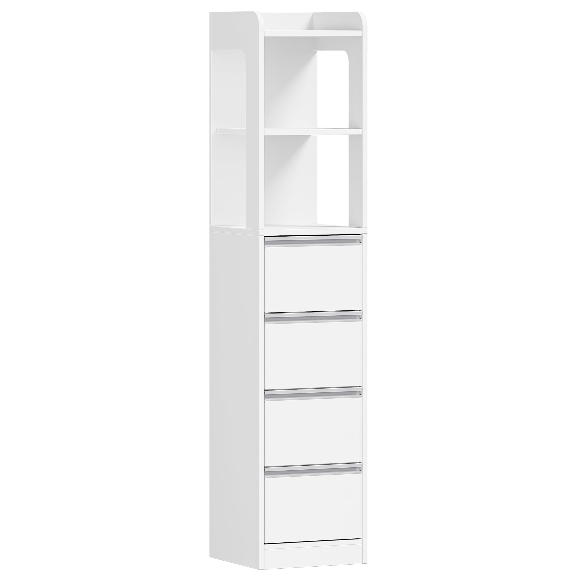 HEXCELEN Bathroom Cabinet Freestanding Bathroom Furniture 30 x 30 x 140 cm with 4 Drawers and 2 Open Shelves for Bathroom Living Room Kitchen Modern White 530303X