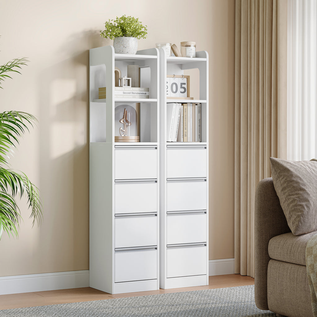 HEXCELEN Bathroom Cabinet Freestanding Bathroom Furniture 30 x 30 x 140 cm with 4 Drawers and 2 Open Shelves for Bathroom Living Room Kitchen Modern White 530303X