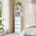 HEXCELEN Bathroom Cabinet Freestanding Bathroom Furniture 30 x 30 x 140 cm with 4 Drawers and 2 Open Shelves for Bathroom Living Room Kitchen Modern White 530303X