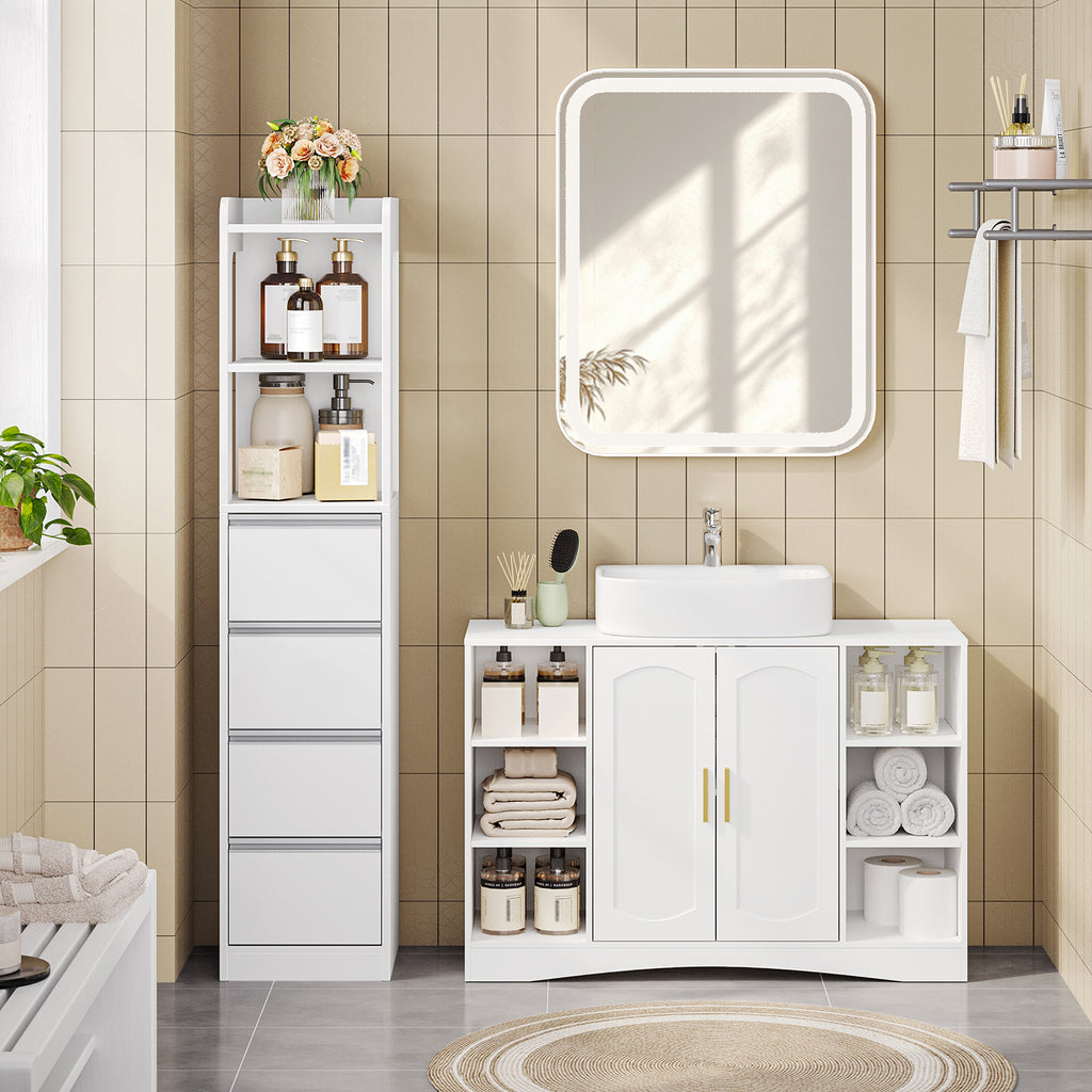HEXCELEN Bathroom Cabinet Freestanding Bathroom Furniture 30 x 30 x 140 cm with 4 Drawers and 2 Open Shelves for Bathroom Living Room Kitchen Modern White 530303X