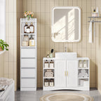 HEXCELEN Bathroom Cabinet Freestanding Bathroom Furniture 30 x 30 x 140 cm with 4 Drawers and 2 Open Shelves for Bathroom Living Room Kitchen Modern White 530303X