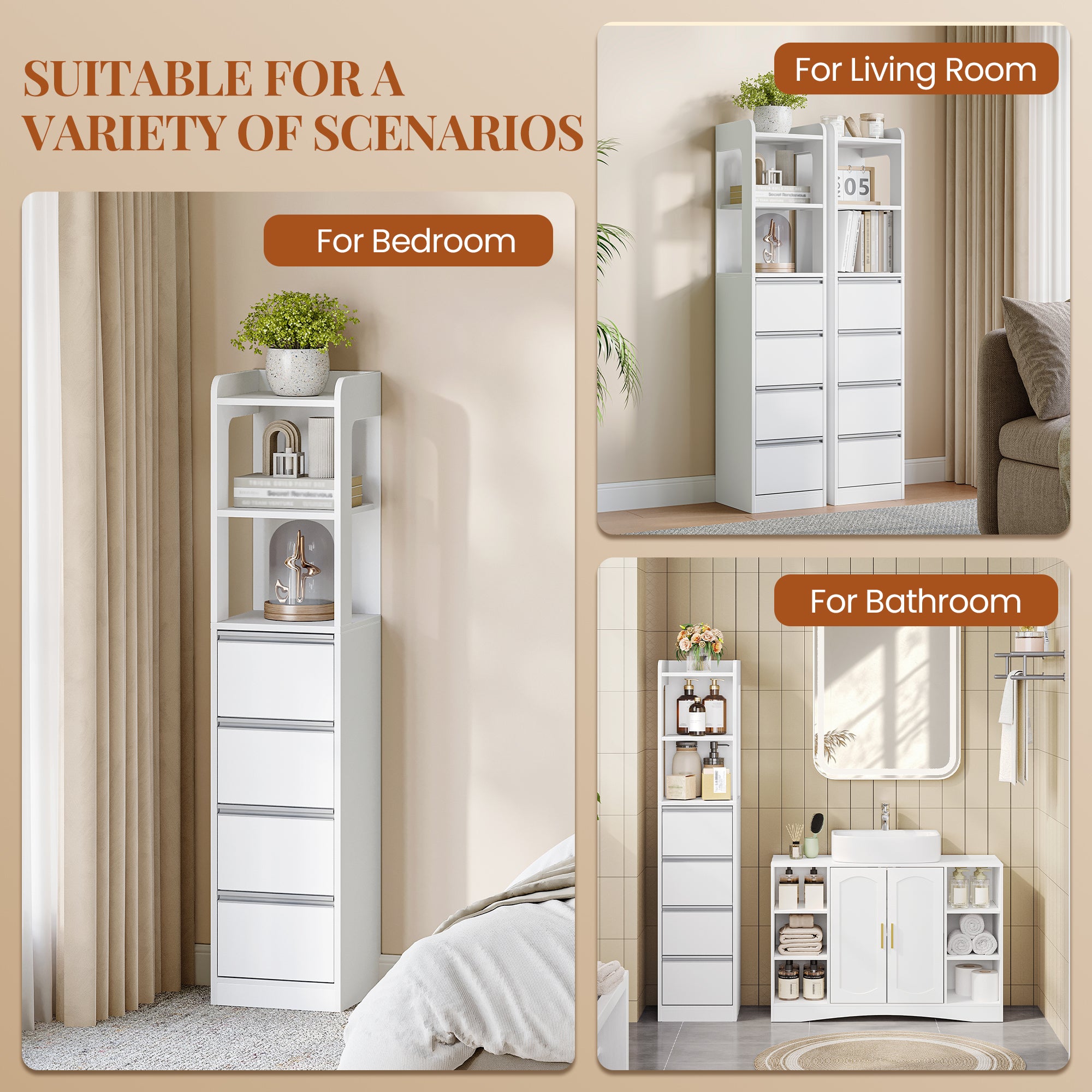 HEXCELEN Bathroom Cabinet Freestanding Bathroom Furniture 30 x 30 x 140 cm with 4 Drawers and 2 Open Shelves for Bathroom Living Room Kitchen Modern White 530303X