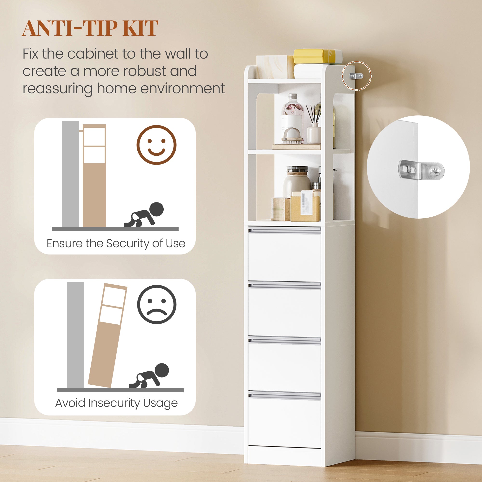 HEXCELEN Bathroom Cabinet Freestanding Bathroom Furniture 30 x 30 x 140 cm with 4 Drawers and 2 Open Shelves for Bathroom Living Room Kitchen Modern White 530303X