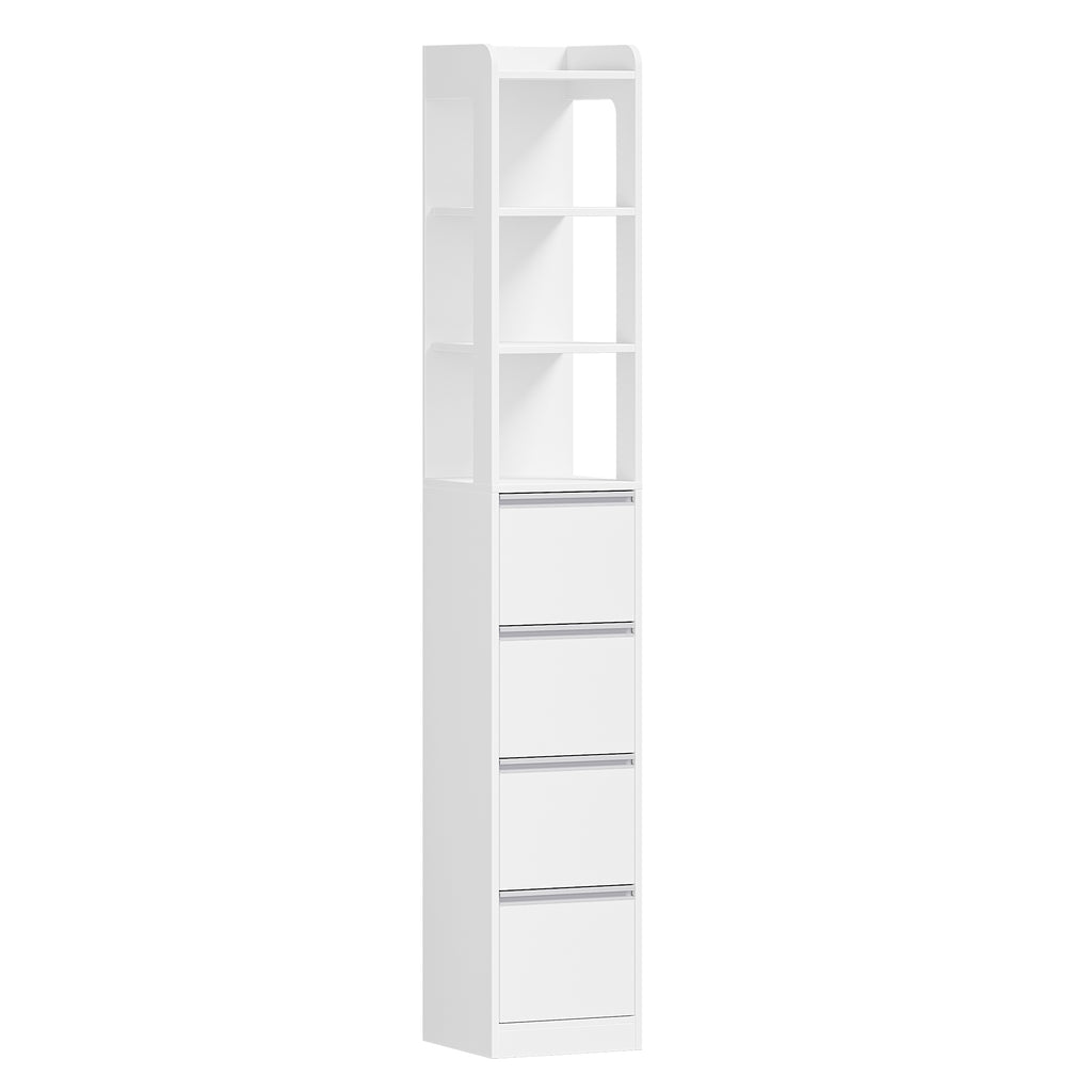 HEXCELEN Bathroom Cabinet Freestanding Bathroom Furniture 30 x 30 x 185 cm with 4 Drawers and 3 Open Shelves for Bathroom Living Room Kitchen Modern White 530403X