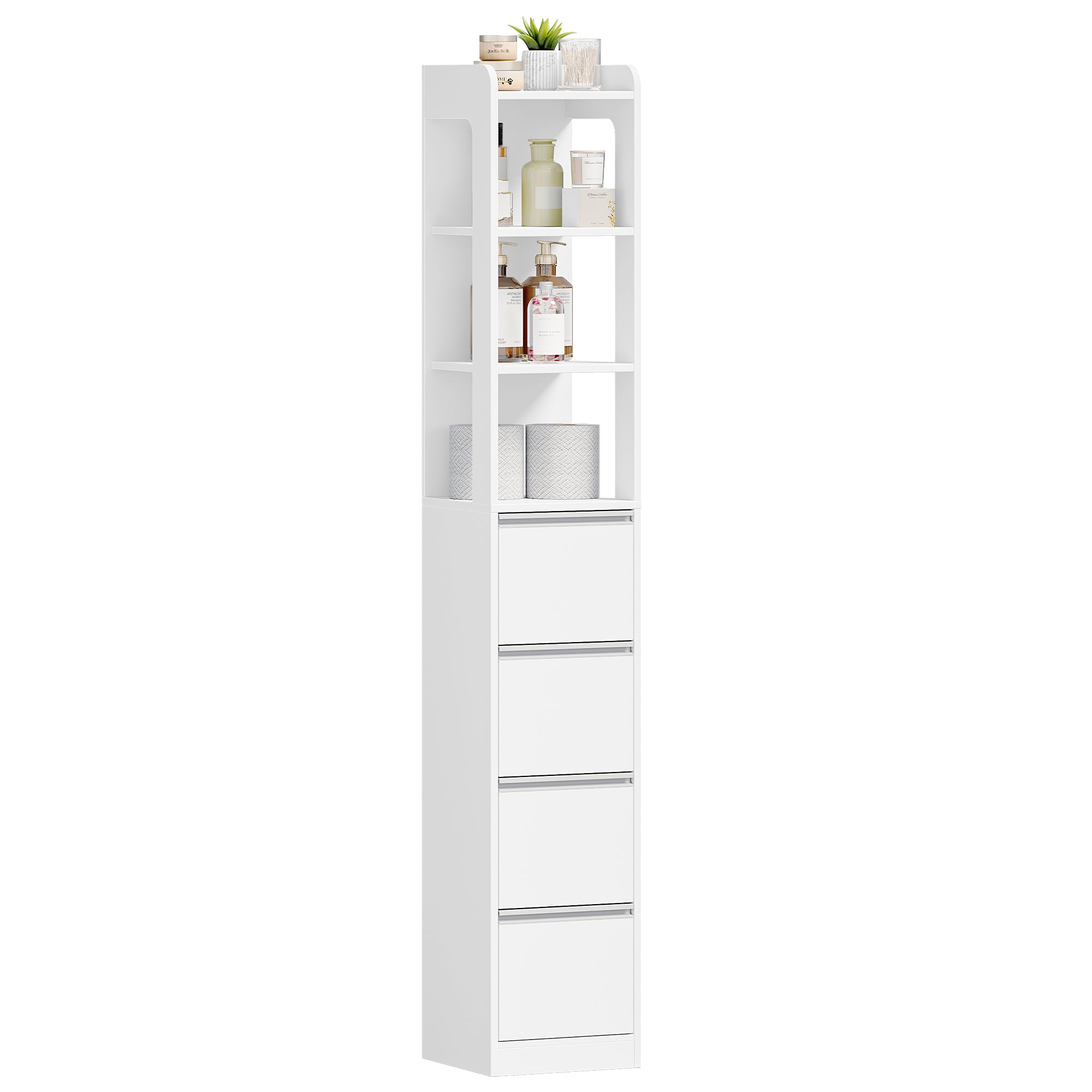 HEXCELEN Bathroom Cabinet Freestanding Bathroom Furniture 30 x 30 x 185 cm with 4 Drawers and 3 Open Shelves for Bathroom Living Room Kitchen Modern White 530403X