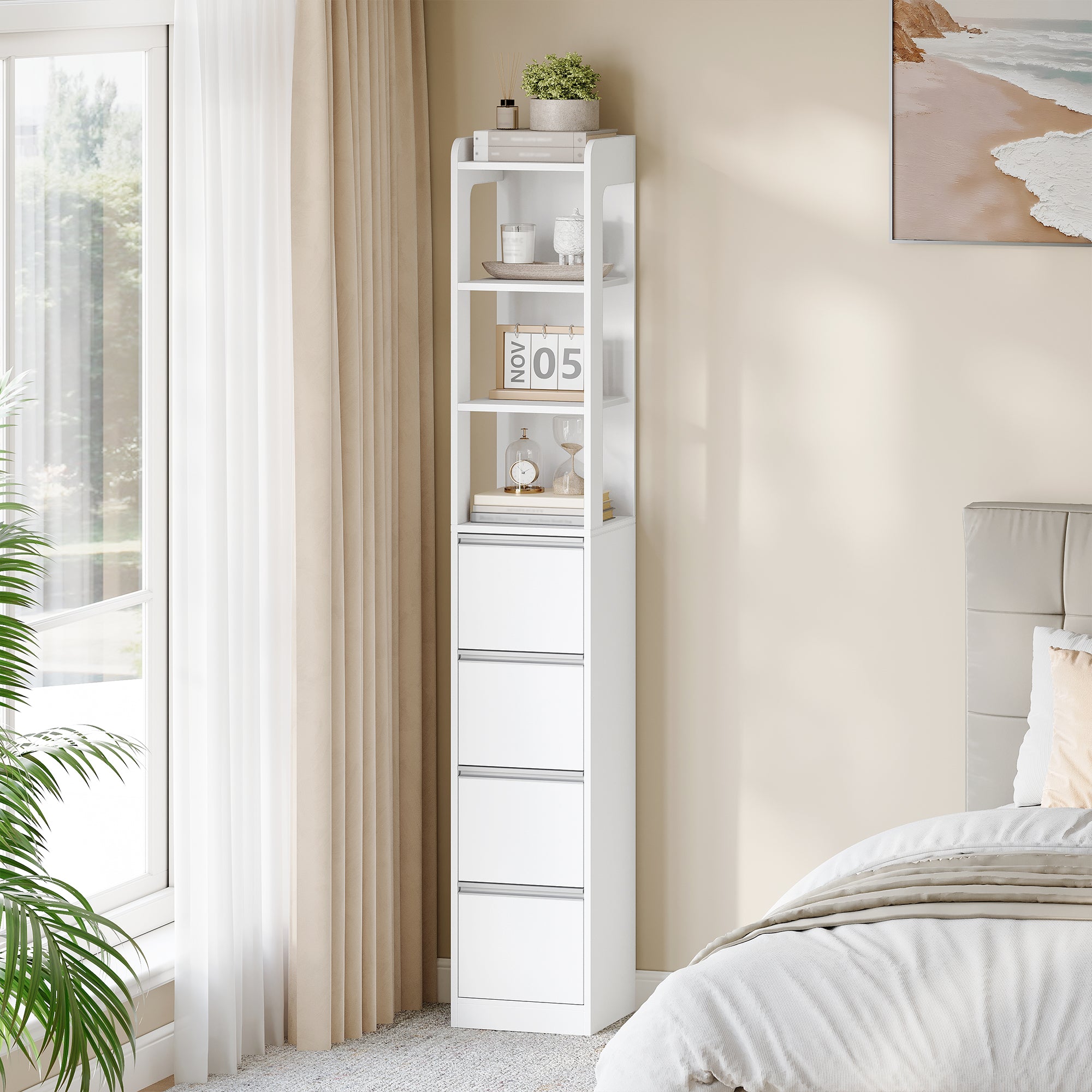 HEXCELEN Bathroom Cabinet Freestanding Bathroom Furniture 30 x 30 x 185 cm with 4 Drawers and 3 Open Shelves for Bathroom Living Room Kitchen Modern White 530403X