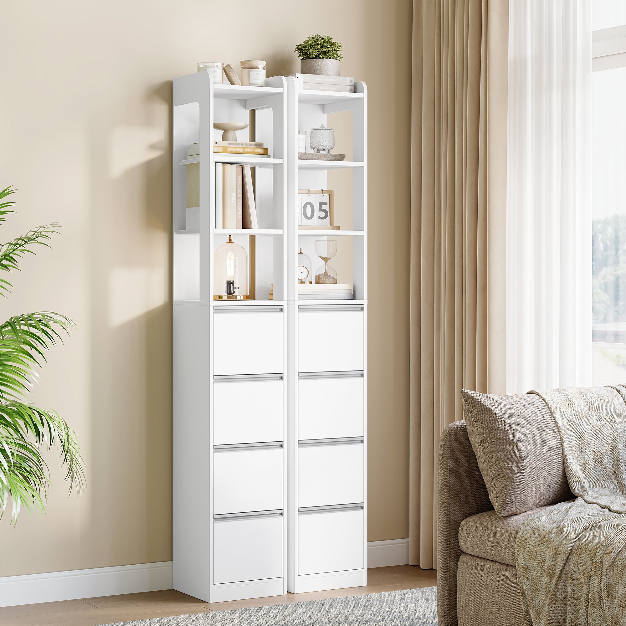 HEXCELEN Bathroom Cabinet Freestanding Bathroom Furniture 30 x 30 x 185 cm with 4 Drawers and 3 Open Shelves for Bathroom Living Room Kitchen Modern White 530403X