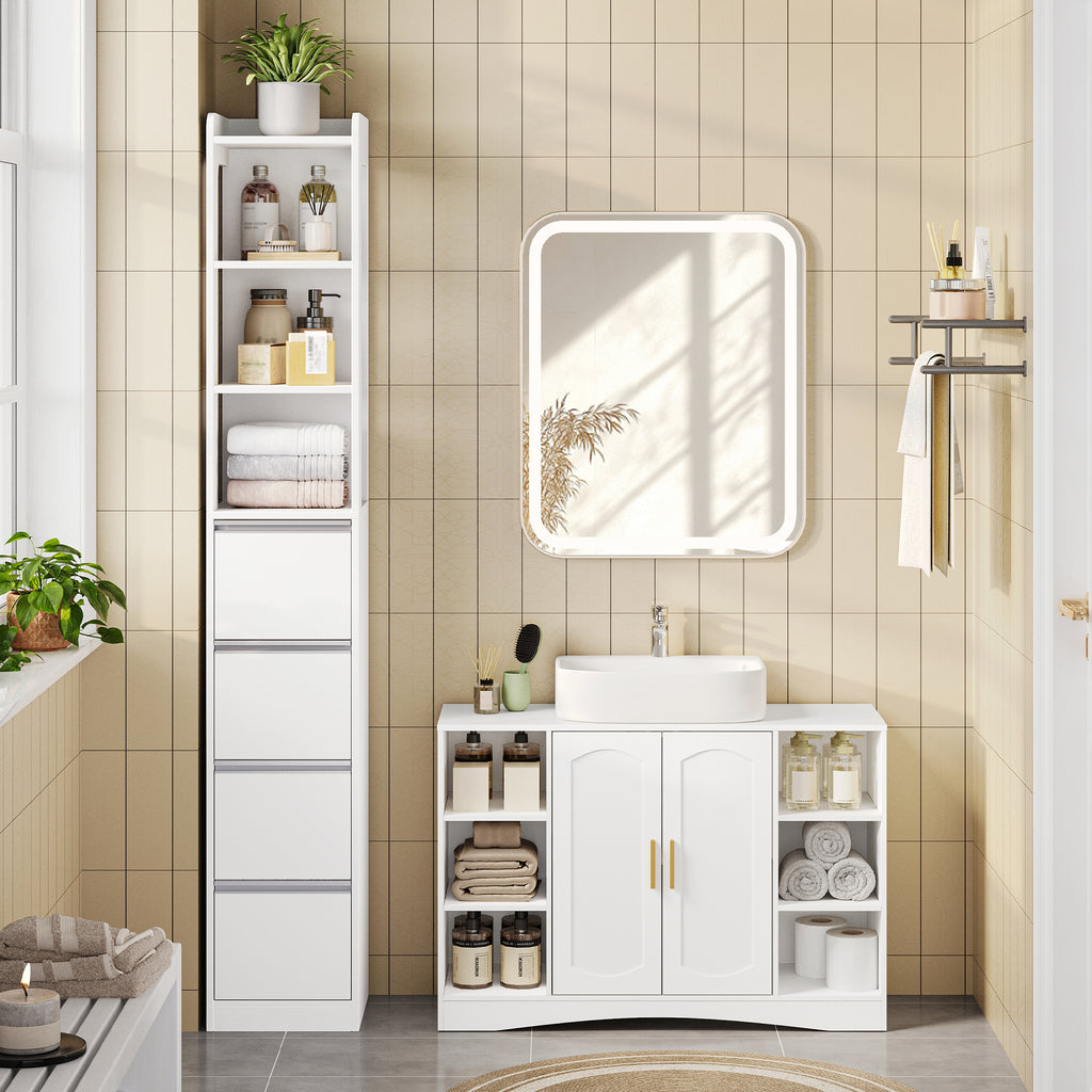 HEXCELEN Bathroom Cabinet Freestanding Bathroom Furniture 30 x 30 x 185 cm with 4 Drawers and 3 Open Shelves for Bathroom Living Room Kitchen Modern White 530403X