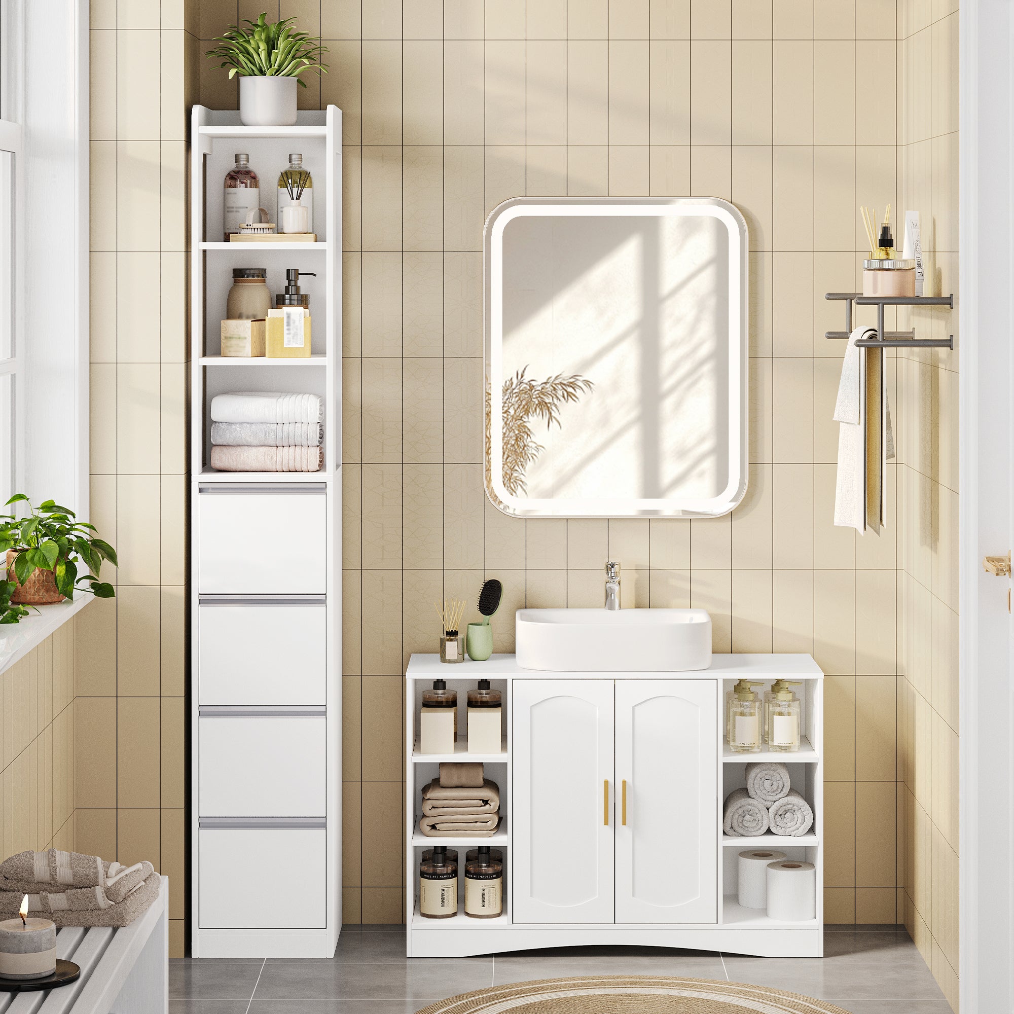 HEXCELEN Bathroom Cabinet Freestanding Bathroom Furniture 30 x 30 x 185 cm with 4 Drawers and 3 Open Shelves for Bathroom Living Room Kitchen Modern White 530403X