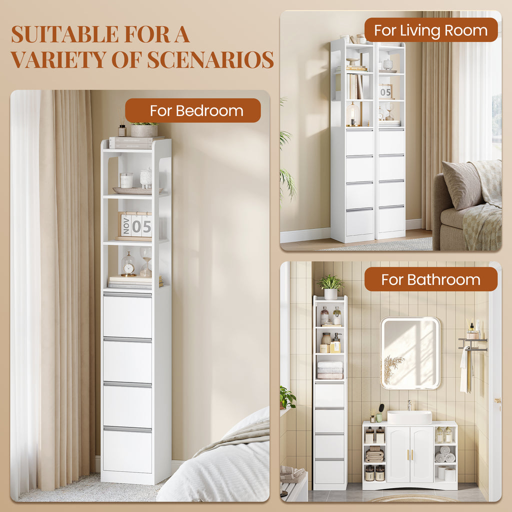 HEXCELEN Bathroom Cabinet Freestanding Bathroom Furniture 30 x 30 x 185 cm with 4 Drawers and 3 Open Shelves for Bathroom Living Room Kitchen Modern White 530403X