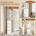 HEXCELEN Bathroom Cabinet Freestanding Bathroom Furniture 30 x 30 x 185 cm with 4 Drawers and 3 Open Shelves for Bathroom Living Room Kitchen Modern White 530403X