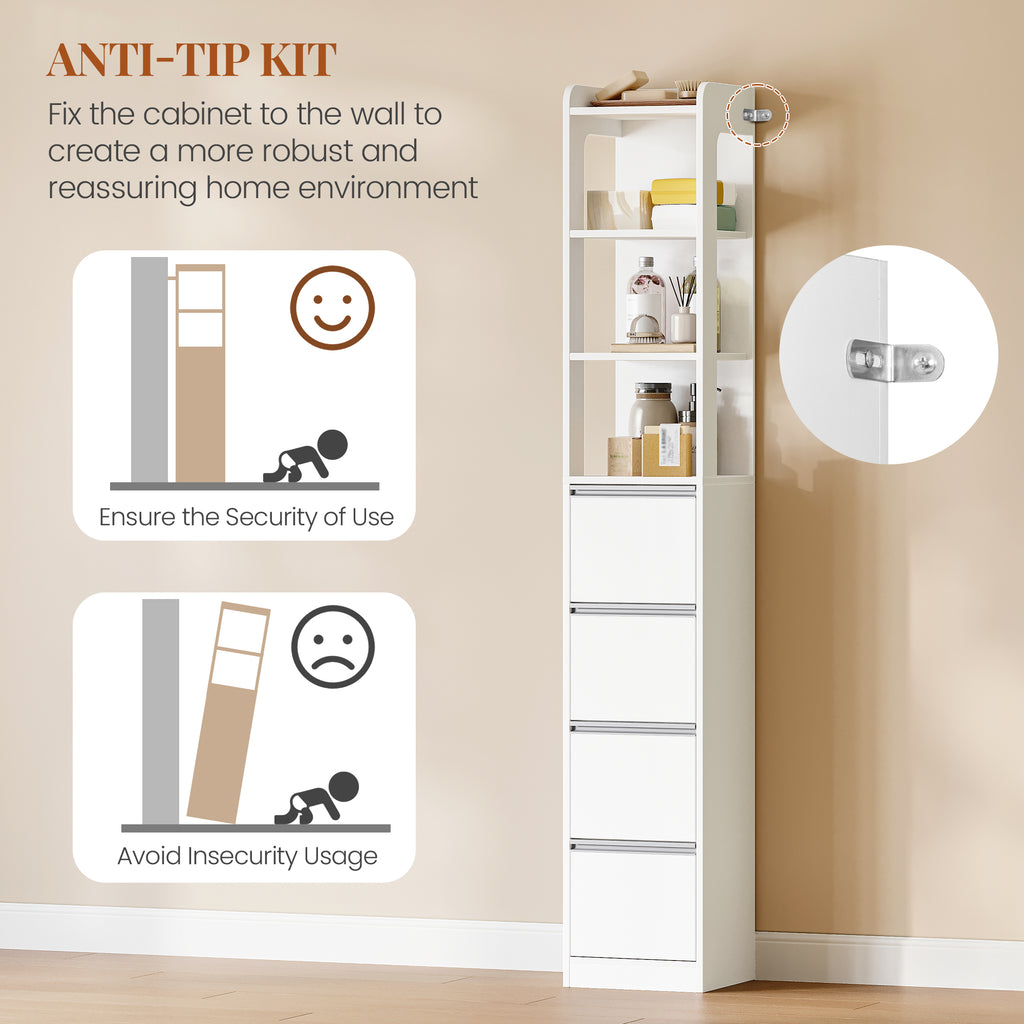 HEXCELEN Bathroom Cabinet Freestanding Bathroom Furniture 30 x 30 x 185 cm with 4 Drawers and 3 Open Shelves for Bathroom Living Room Kitchen Modern White 530403X
