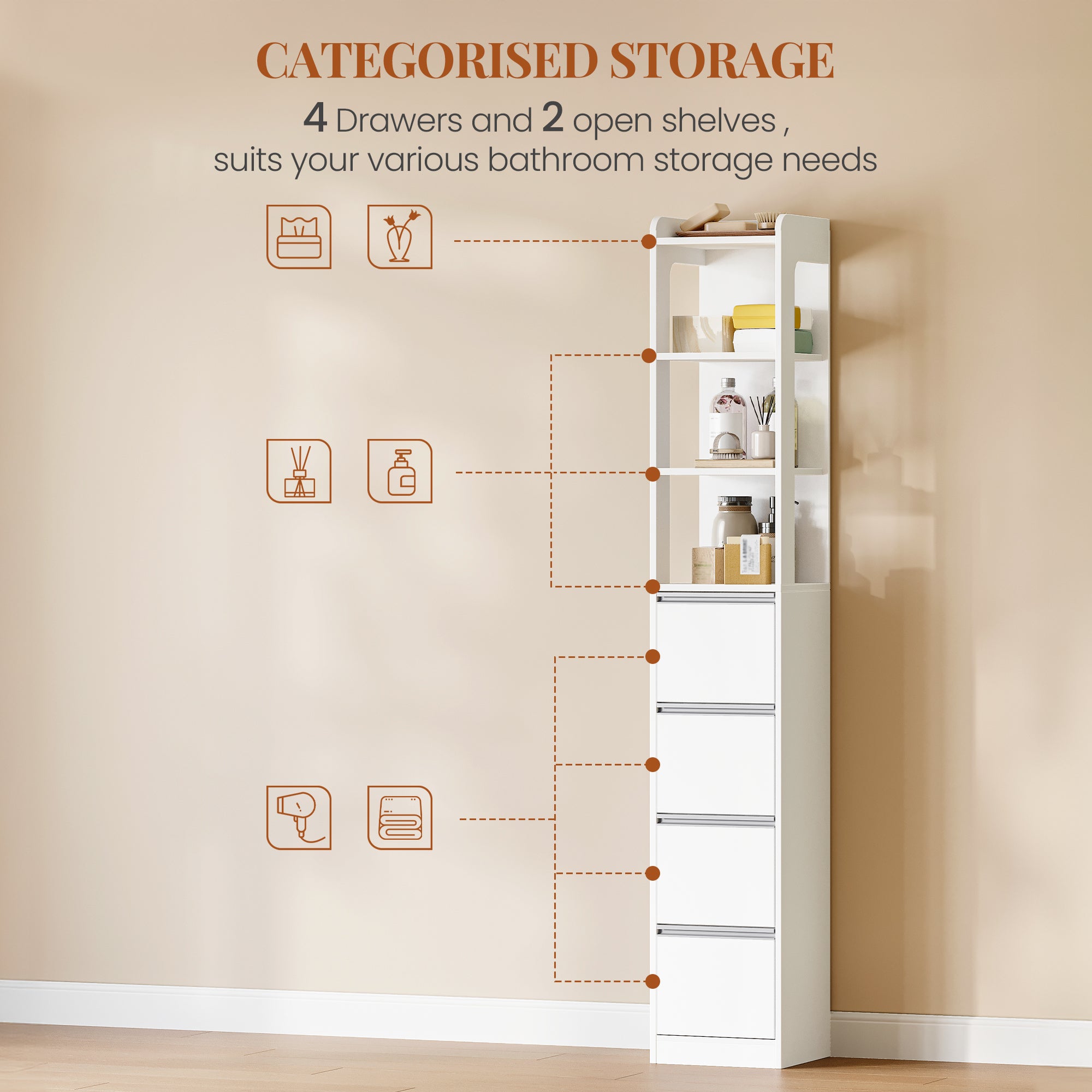 HEXCELEN Bathroom Cabinet Freestanding Bathroom Furniture 30 x 30 x 185 cm with 4 Drawers and 3 Open Shelves for Bathroom Living Room Kitchen Modern White 530403X