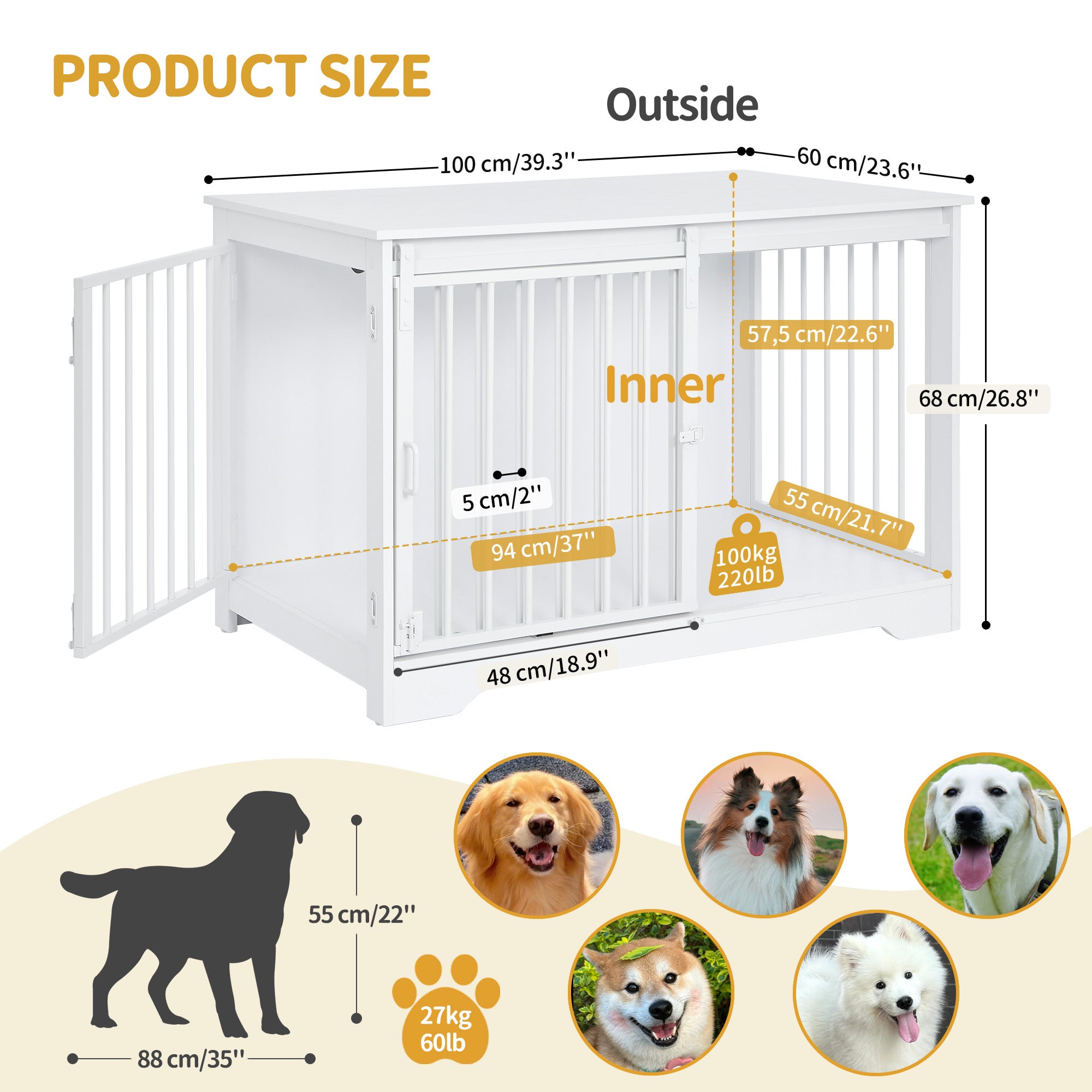 Hzuaneri Dog Cage Furniture, 100cm Dog Box for Home Use, Sliding Doors, 2 Doors, Modern Wooden Indoor Dog Box for Small/Medium/Large Dogs, Dog Cage for Home Use, 100 x 60 x 68 cm, White DFC02313W