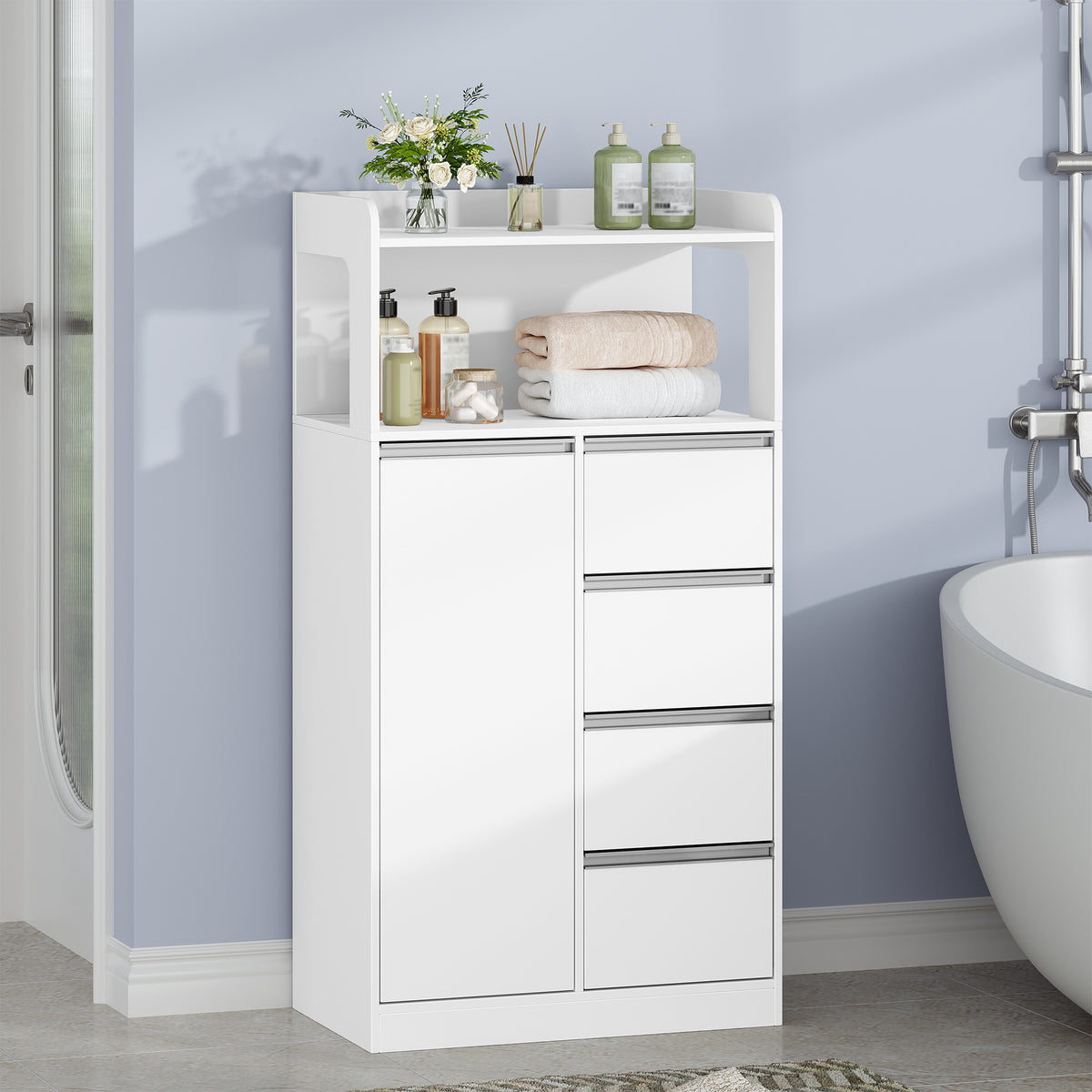 HEXCELEN Bathroom Cabinet, Kitchen Cabinet, 30 x 60 x 110 cm, Storage Cabinet with 4 Drawers and Open Shelf, Bathroom Cabinet High, Adjustable Shelf, for Bathroom, Living Room, White, 560103W