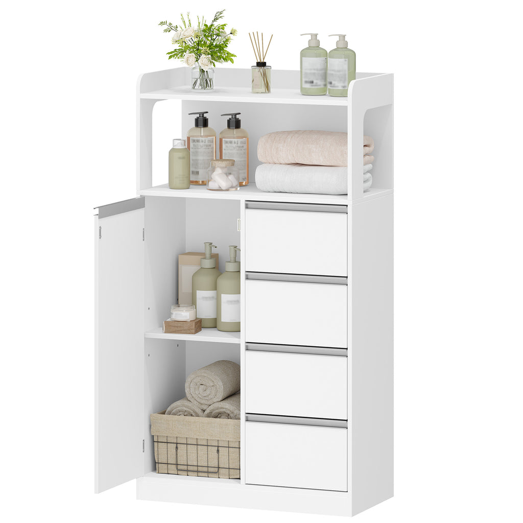 HEXCELEN Bathroom Cabinet, Kitchen Cabinet, 30 x 60 x 110 cm, Storage Cabinet with 4 Drawers and Open Shelf, Bathroom Cabinet High, Adjustable Shelf, for Bathroom, Living Room, White, 560103W