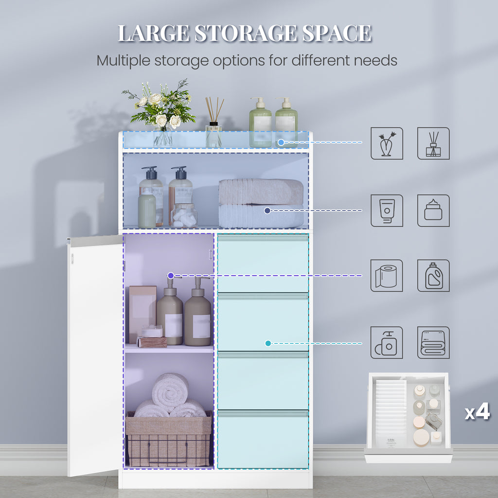 HEXCELEN Bathroom Cabinet, Kitchen Cabinet, 30 x 60 x 110 cm, Storage Cabinet with 4 Drawers and Open Shelf, Bathroom Cabinet High, Adjustable Shelf, for Bathroom, Living Room, White, 560103W