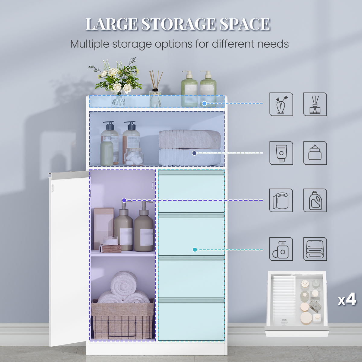HEXCELEN Bathroom Cabinet, Kitchen Cabinet, 30 x 60 x 110 cm, Storage Cabinet with 4 Drawers and Open Shelf, Bathroom Cabinet High, Adjustable Shelf, for Bathroom, Living Room, White, 560103W