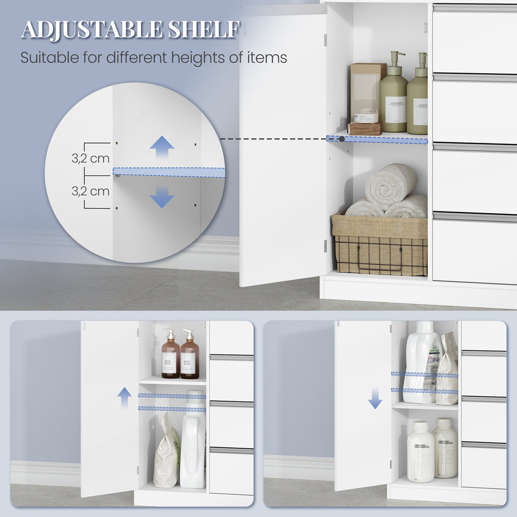 HEXCELEN Bathroom Cabinet, Kitchen Cabinet, 30 x 60 x 110 cm, Storage Cabinet with 4 Drawers and Open Shelf, Bathroom Cabinet High, Adjustable Shelf, for Bathroom, Living Room, White, 560103W