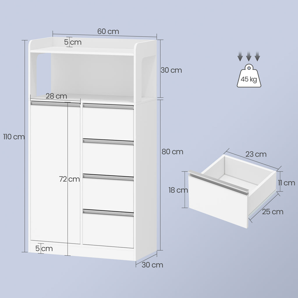 HEXCELEN Bathroom Cabinet, Kitchen Cabinet, 30 x 60 x 110 cm, Storage Cabinet with 4 Drawers and Open Shelf, Bathroom Cabinet High, Adjustable Shelf, for Bathroom, Living Room, White, 560103W