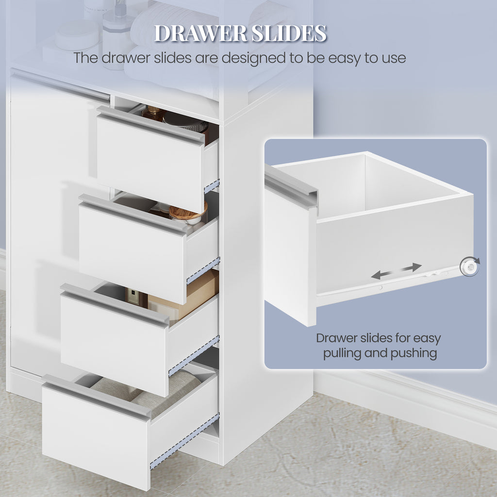 HEXCELEN Bathroom Cabinet, Kitchen Cabinet, 30 x 60 x 110 cm, Storage Cabinet with 4 Drawers and Open Shelf, Bathroom Cabinet High, Adjustable Shelf, for Bathroom, Living Room, White, 560103W