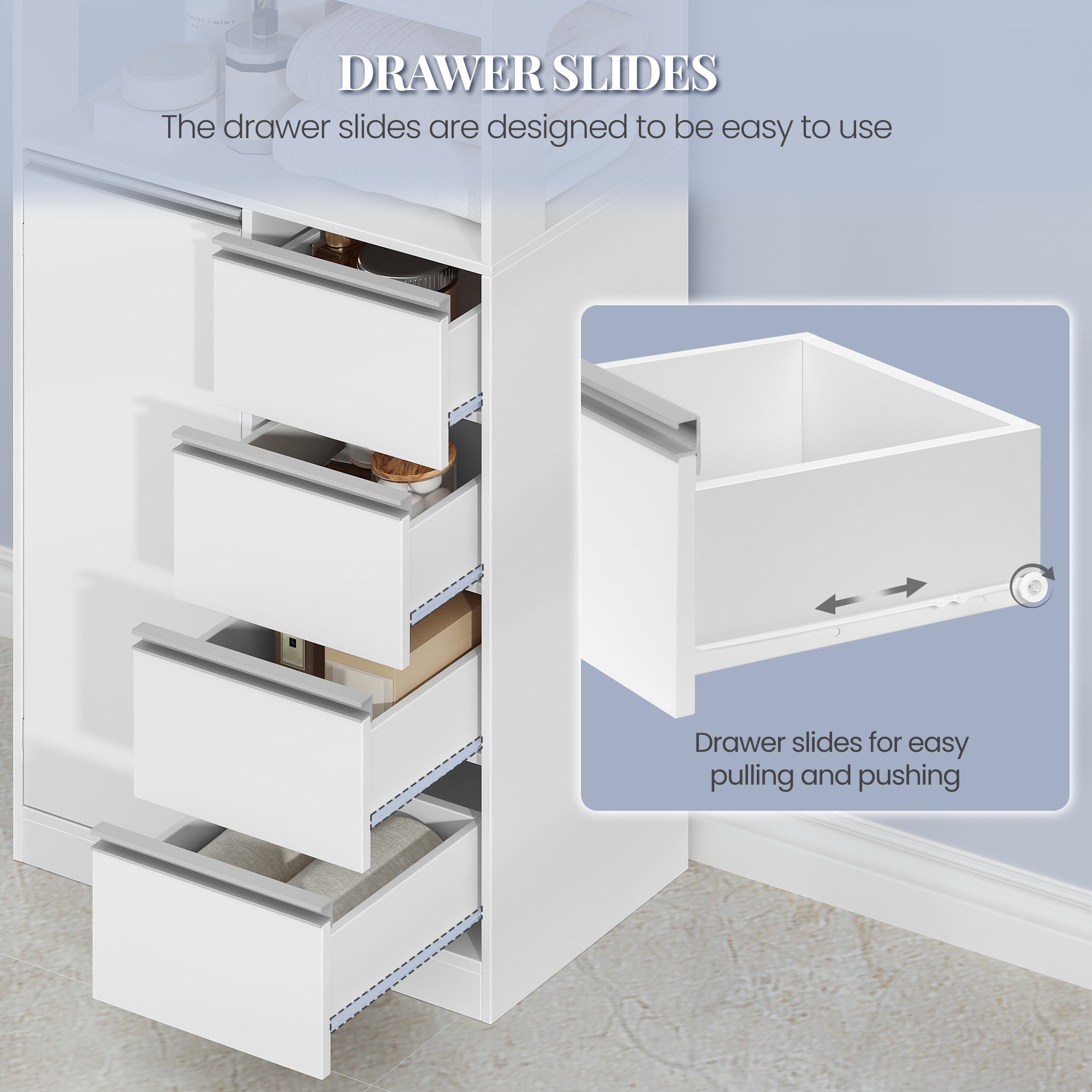 HEXCELEN Bathroom Cabinet, Kitchen Cabinet, 30 x 60 x 110 cm, Storage Cabinet with 4 Drawers and Open Shelf, Bathroom Cabinet High, Adjustable Shelf, for Bathroom, Living Room, White, 560103W