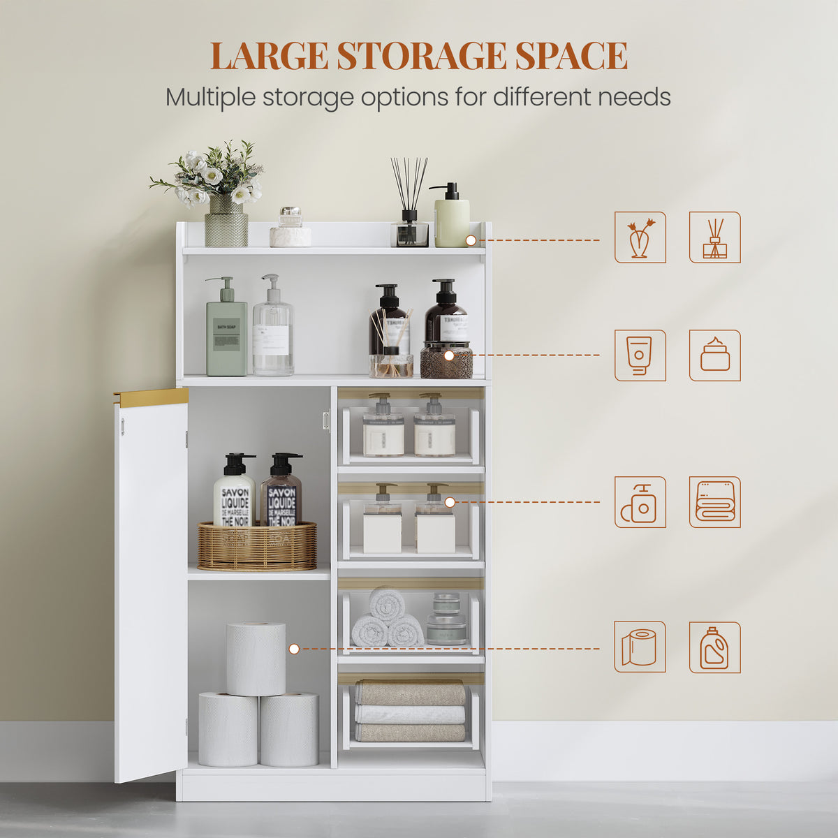 HEXCELEN Bathroom Cabinet, Kitchen Cabinet, Storage Cabinet with 4 Drawers and Open Shelf, Bathroom Cabinet High, Adjustable Shelf, for Bathroom, Living Room, White Gold, 30 x 60 x 110 cm, 560103X
