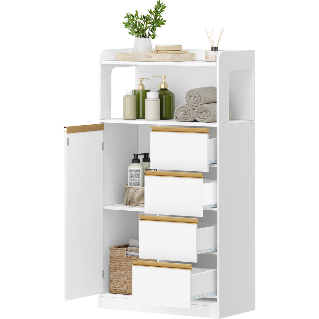 HEXCELEN Bathroom Cabinet, Kitchen Cabinet, Storage Cabinet with 4 Drawers and Open Shelf, Bathroom Cabinet High, Adjustable Shelf, for Bathroom, Living Room, White Gold, 30 x 60 x 110 cm, 560103X