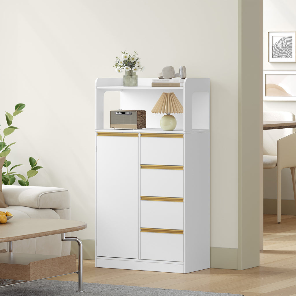 HEXCELEN Bathroom Cabinet, Kitchen Cabinet, Storage Cabinet with 4 Drawers and Open Shelf, Bathroom Cabinet High, Adjustable Shelf, for Bathroom, Living Room, White Gold, 30 x 60 x 110 cm, 560103X