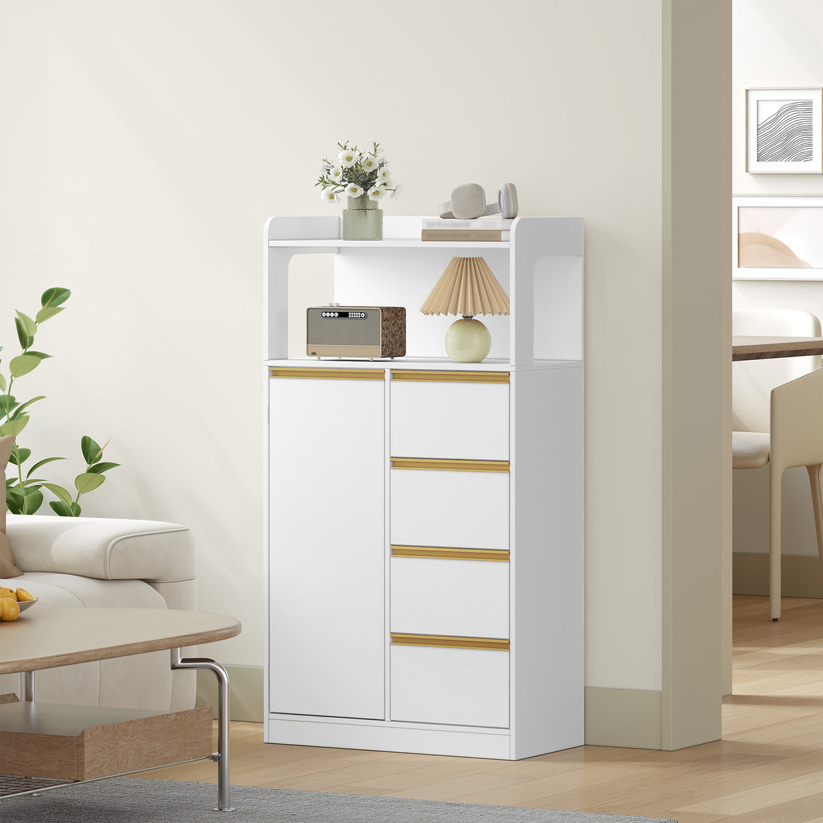 HEXCELEN Bathroom Cabinet, Kitchen Cabinet, Storage Cabinet with 4 Drawers and Open Shelf, Bathroom Cabinet High, Adjustable Shelf, for Bathroom, Living Room, White Gold, 30 x 60 x 110 cm, 560103X