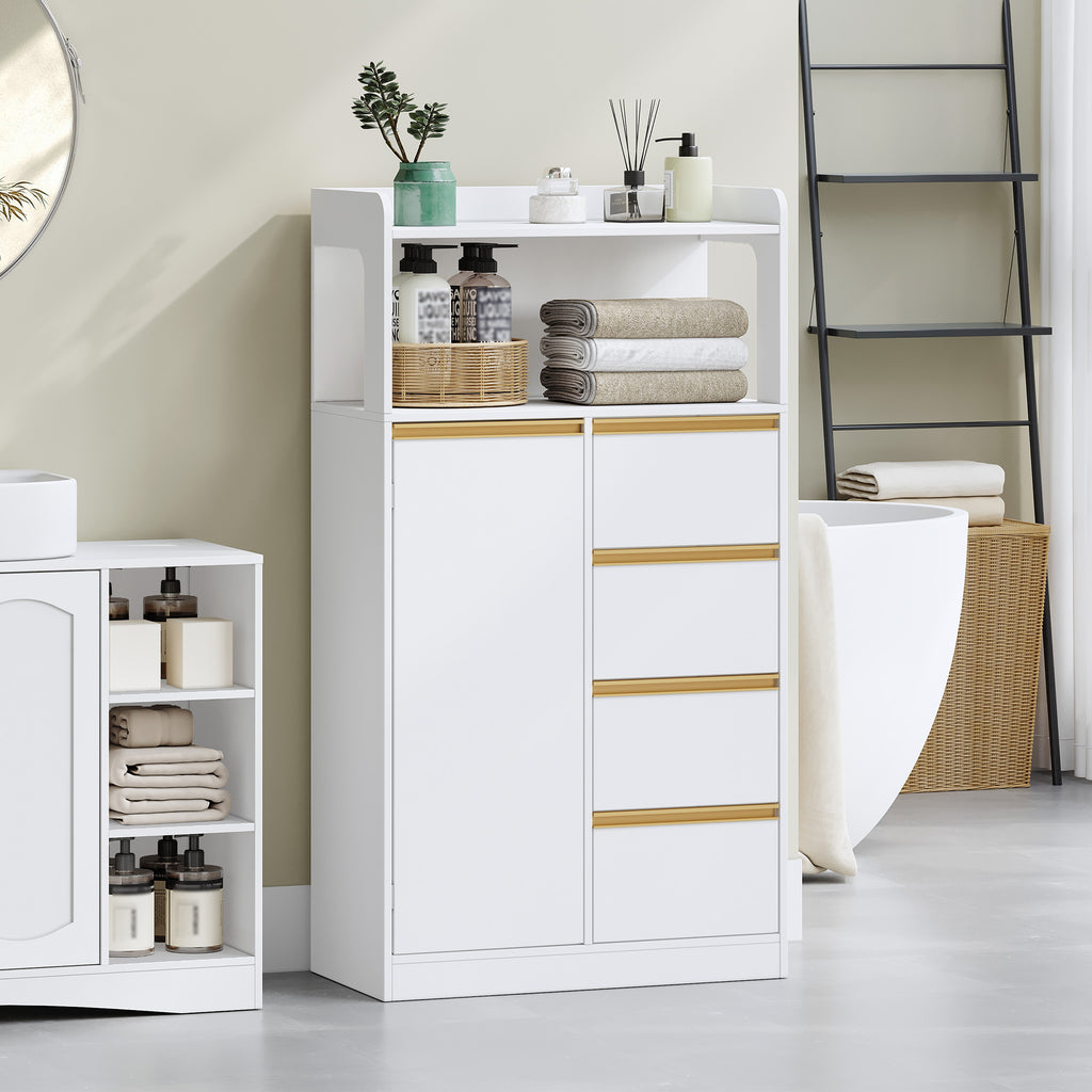 HEXCELEN Bathroom Cabinet, Kitchen Cabinet, Storage Cabinet with 4 Drawers and Open Shelf, Bathroom Cabinet High, Adjustable Shelf, for Bathroom, Living Room, White Gold, 30 x 60 x 110 cm, 560103X